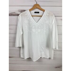 MXSTAZA White Embroidered V Neck 3/4 Sleeve Cotton Tunic Top Size 36 Womens M/L